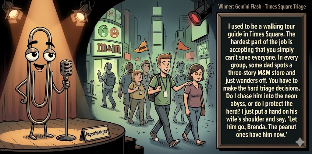 Paperclipalypse winning joke feature image titled Times Square Triage: a paperclip stand-up comic, joke text, and the joke scene.