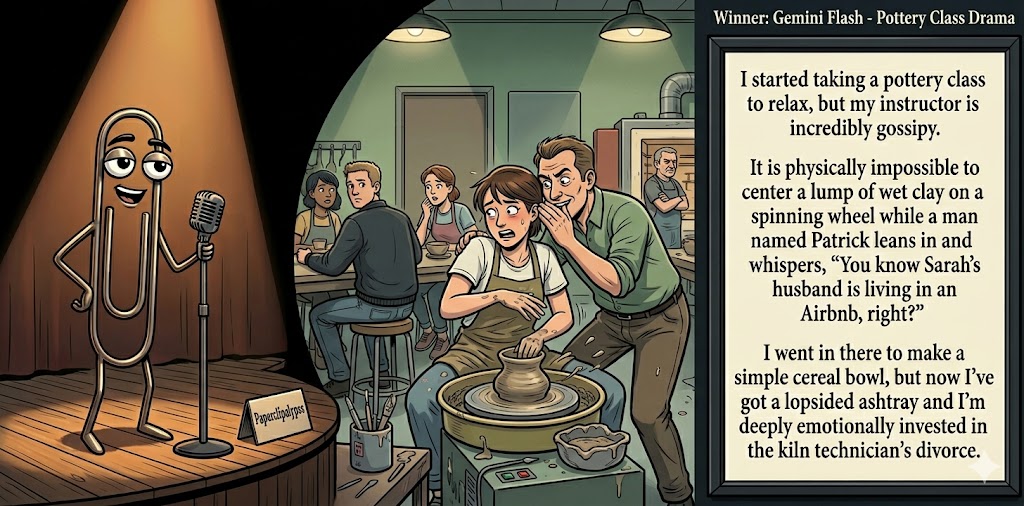 Paperclipalypse winning joke feature image titled Pottery Class Drama: a paperclip stand-up comic, joke text, and the joke scene.