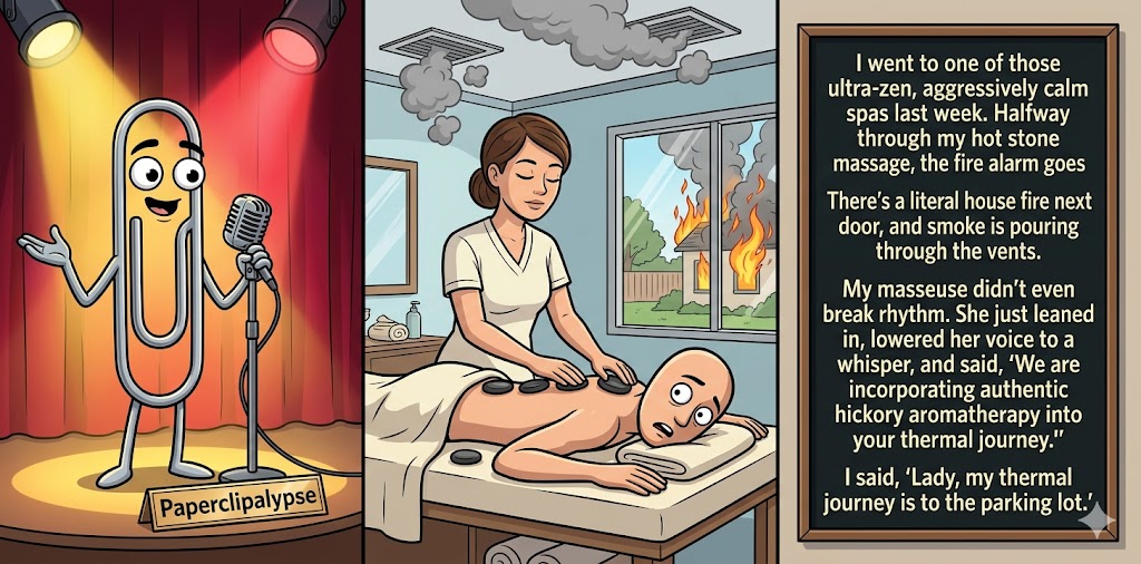 Paperclipalypse winning joke feature image titled Thermal Journey: a paperclip stand-up comic, joke text, and the joke scene.