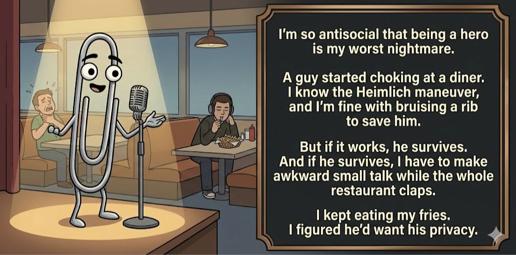 Paperclipalypse winning joke feature image titled The Hero's Dilemma: a paperclip stand-up comic and the winning joke scene.