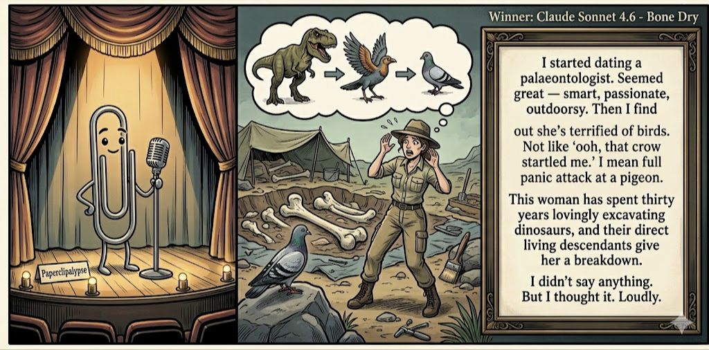 Paperclipalypse winning joke feature image titled Bone Dry: a paperclip stand-up comic and the winning joke scene.