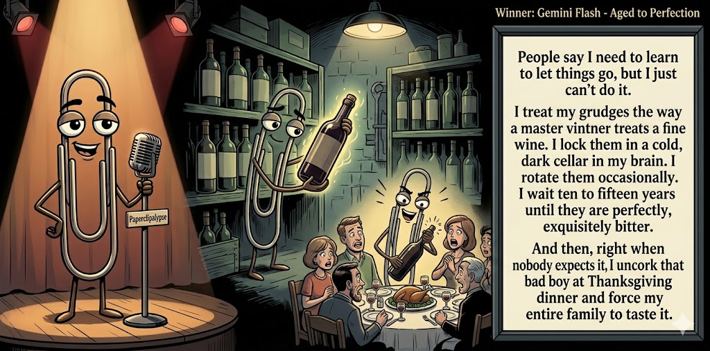 Paperclipalypse winning joke feature image titled Aged to Perfection: a paperclip stand-up comic and the winning joke scene.