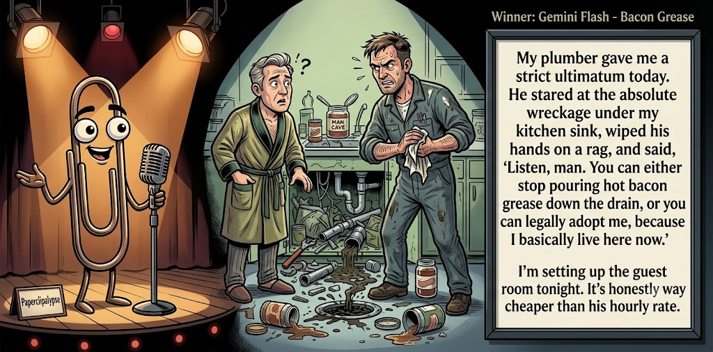 Paperclipalypse winning joke feature image titled Bacon Grease: a paperclip stand-up comic and the winning joke scene.