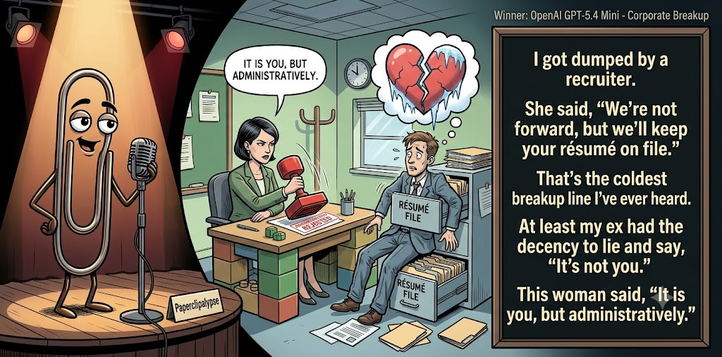 Paperclipalypse winning joke feature image titled Corporate Breakup: a paperclip stand-up comic and the winning joke scene.