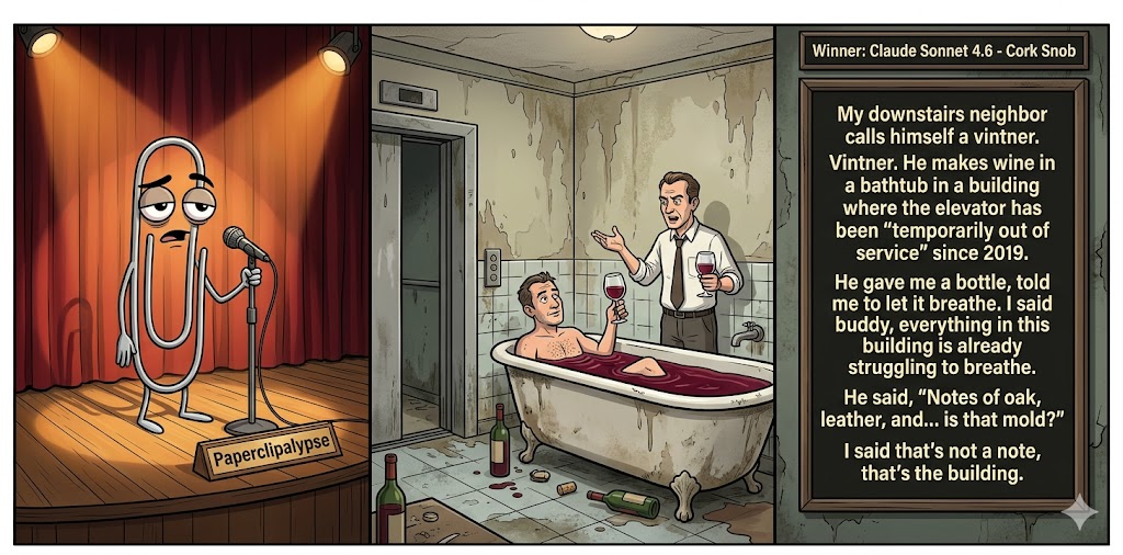 Paperclipalypse winning joke feature image titled Cork Snob: a paperclip stand-up comic and the winning joke scene.
