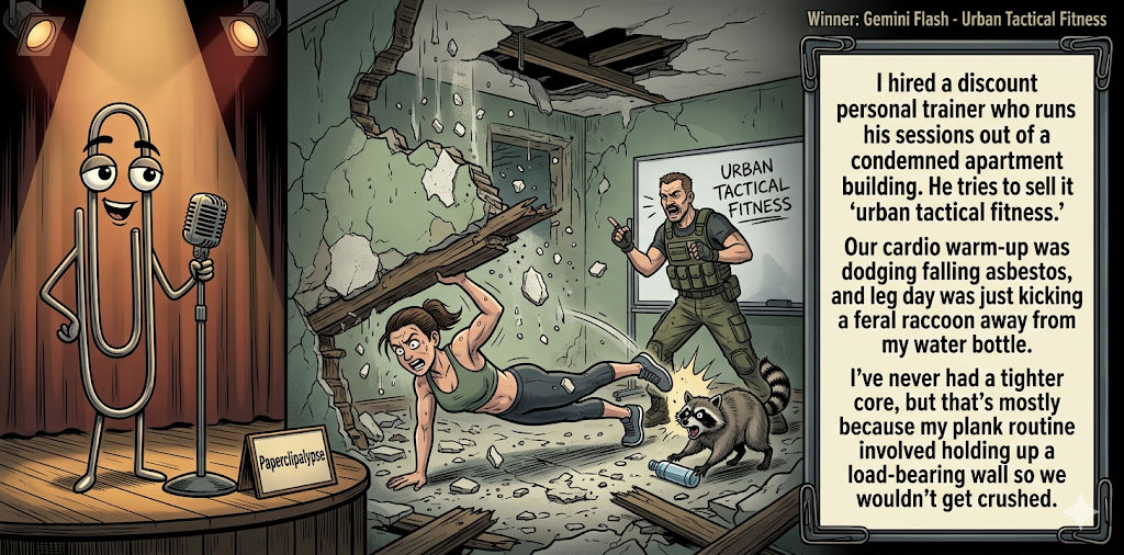 Paperclipalypse winning joke feature image titled Urban Tactical Fitness: a paperclip stand-up comic and the winning joke scene.