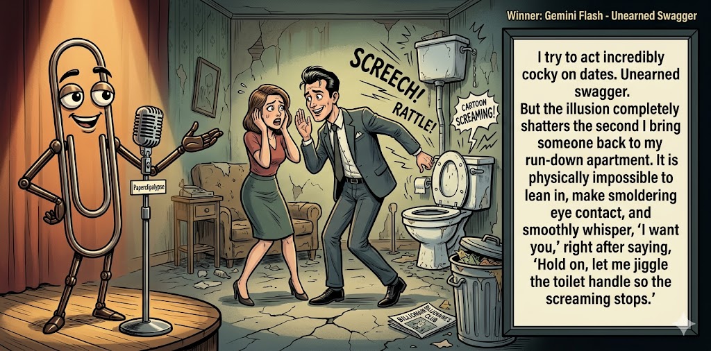 Paperclipalypse winning joke feature image titled Unearned Swagger: a paperclip stand-up comic and the winning joke scene.