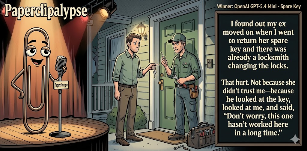 Paperclipalypse winning joke feature image titled Spare Key: a paperclip stand-up comic and the winning joke scene.