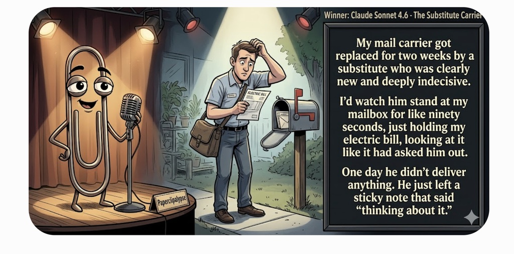 Paperclipalypse winning joke feature image titled The Substitute Carrier: a paperclip stand-up comic and the winning joke scene.