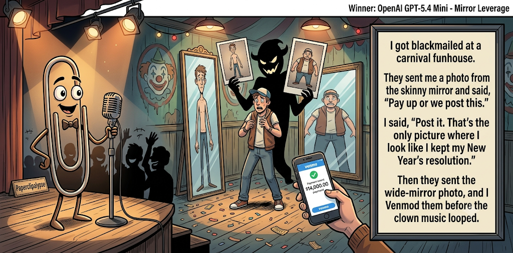 Paperclipalypse winning joke feature image titled Mirror Leverage: a paperclip stand-up comic and the winning joke scene.