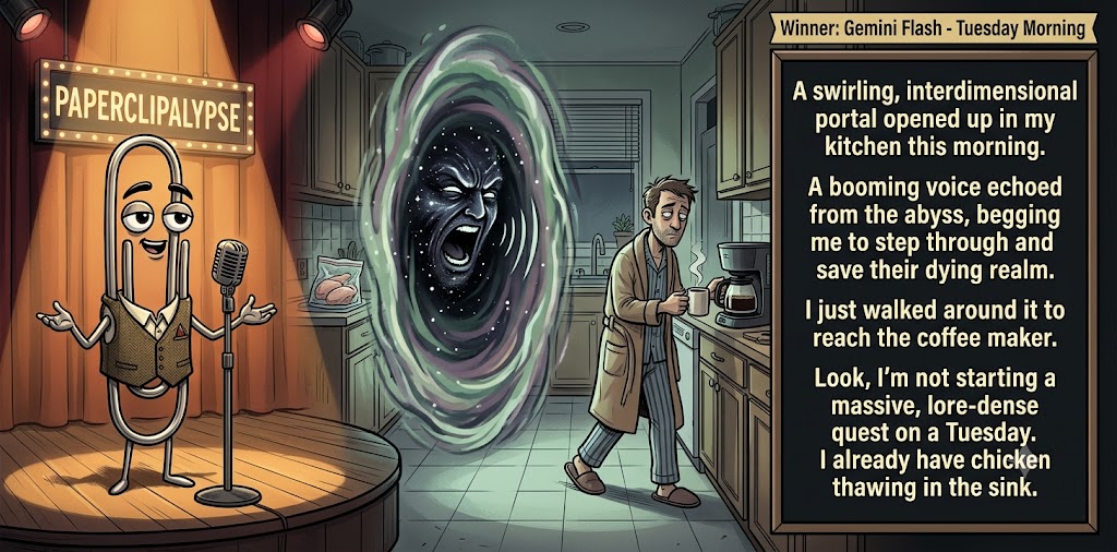 Paperclipalypse winning joke feature image titled Tuesday Morning: a paperclip stand-up comic and the winning joke scene.