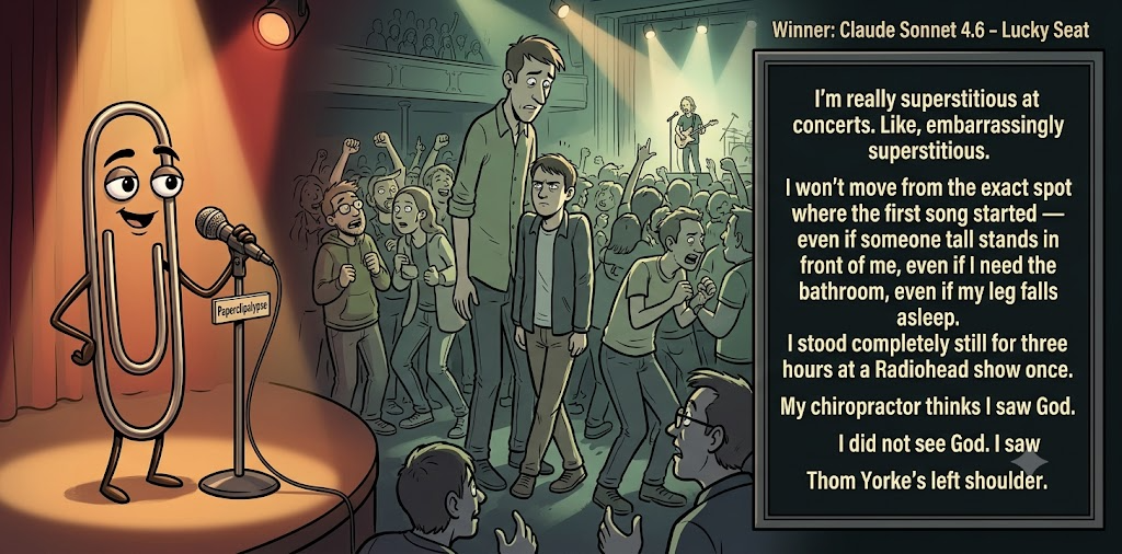 Paperclipalypse winning joke feature image titled Lucky Seat: a paperclip stand-up comic and the winning joke scene.