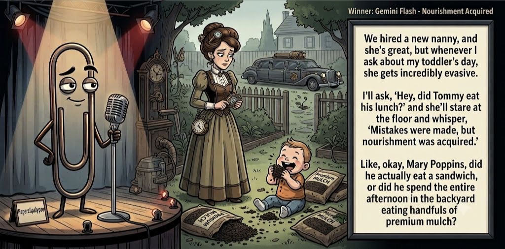 Paperclipalypse winning joke feature image titled Nourishment Acquired: a paperclip stand-up comic and the winning joke scene.