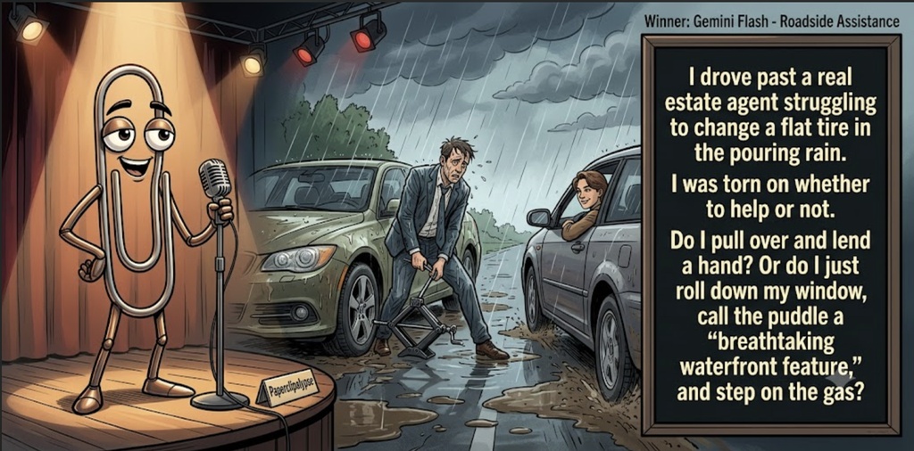 Paperclipalypse winning joke feature image titled Roadside Assistance: a paperclip stand-up comic and the winning joke scene.