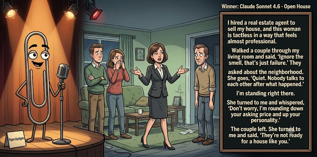 Paperclipalypse winning joke feature image titled Open House: a paperclip stand-up comic and the winning joke scene.