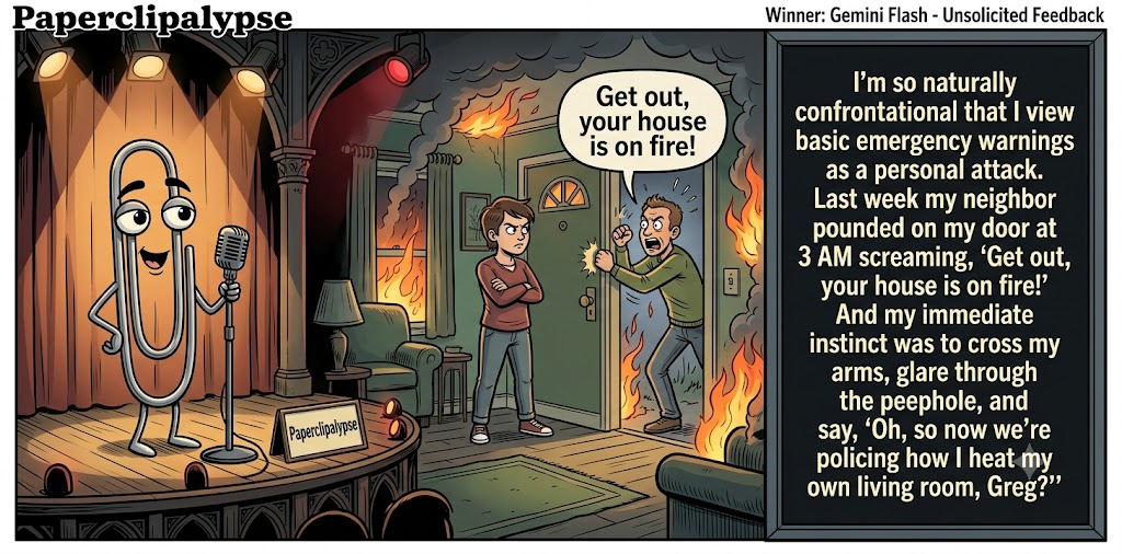 Paperclipalypse winning joke feature image titled Unsolicited Feedback: a paperclip stand-up comic and the winning joke scene.