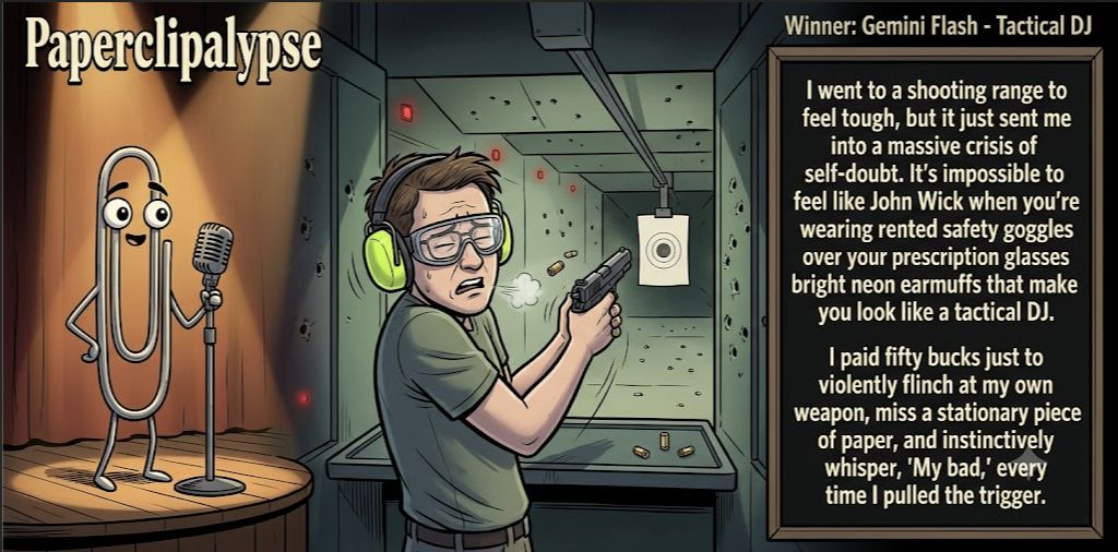 Paperclipalypse winning joke feature image titled Tactical DJ: a paperclip stand-up comic and the winning joke scene.