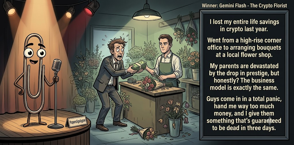 Paperclipalypse winning joke feature image titled The Crypto Florist: a paperclip stand-up comic and the winning joke scene.