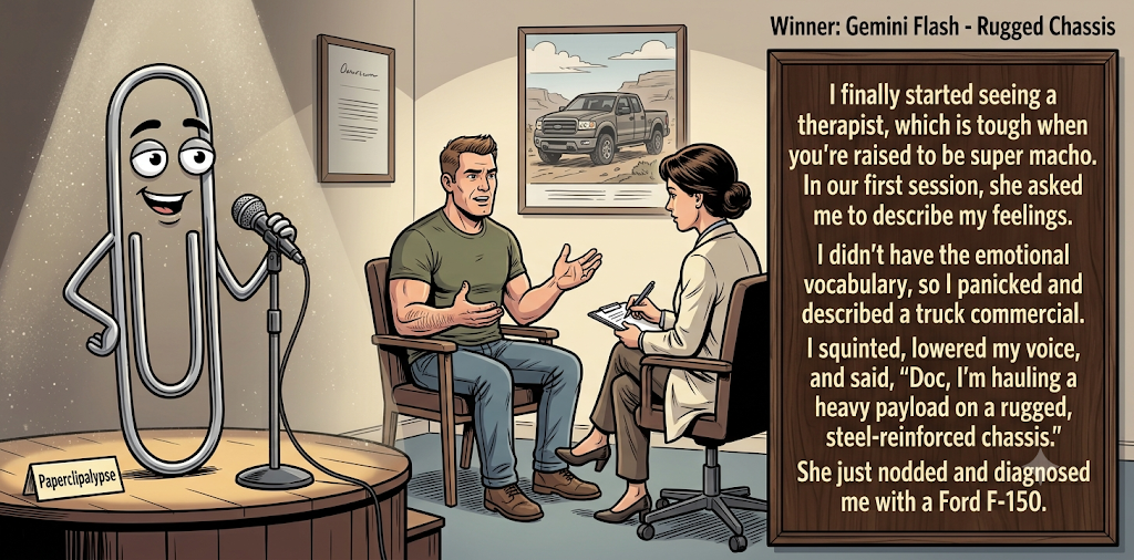 Paperclipalypse winning joke feature image titled Rugged Chassis: a paperclip stand-up comic and the winning joke scene.