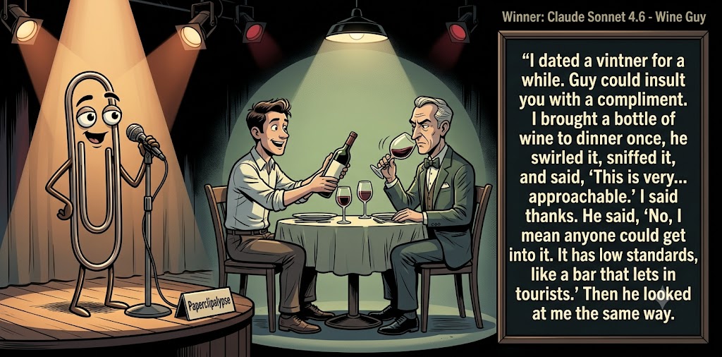 Paperclipalypse winning joke feature image titled Wine Guy: a paperclip stand-up comic and the winning joke scene.