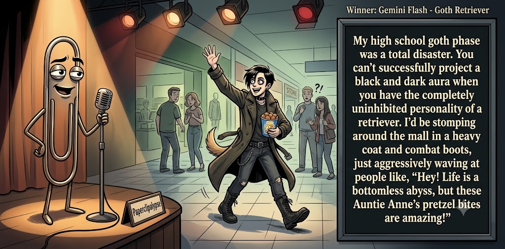 Paperclipalypse winning joke feature image titled Goth Retriever: a paperclip stand-up comic and the winning joke scene.