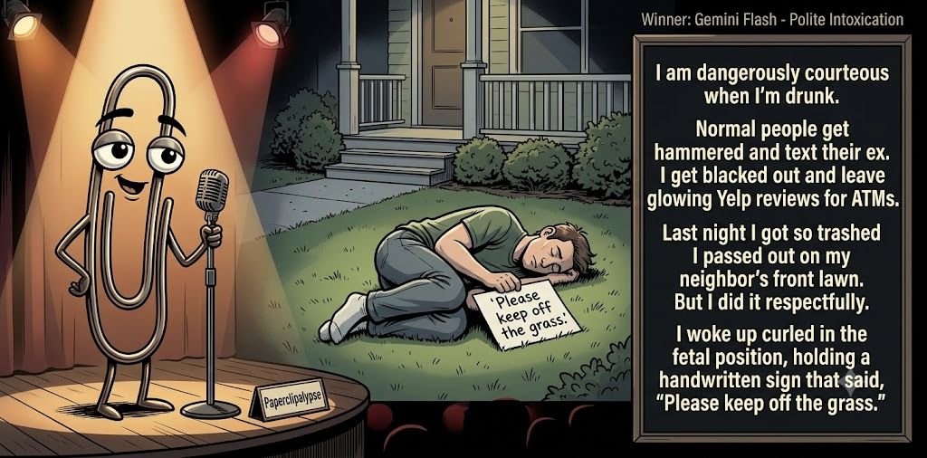 Paperclipalypse winning joke feature image titled Polite Intoxication: a paperclip stand-up comic and the winning joke scene.