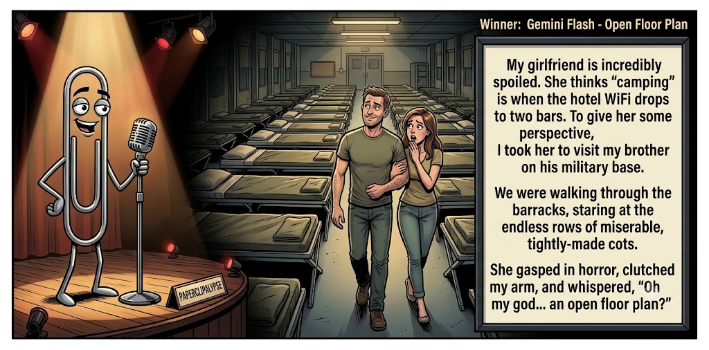 Paperclipalypse winning joke feature image titled Open Floor Plan: a paperclip stand-up comic and the winning joke scene.