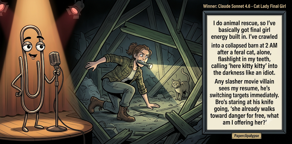 Paperclipalypse winning joke feature image titled Cat Lady Final Girl: a paperclip stand-up comic and the winning joke scene.