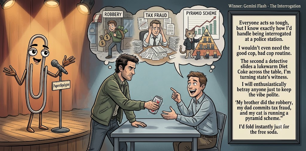 Paperclipalypse winning joke feature image titled The Interrogation: a paperclip stand-up comic and the winning joke scene.
