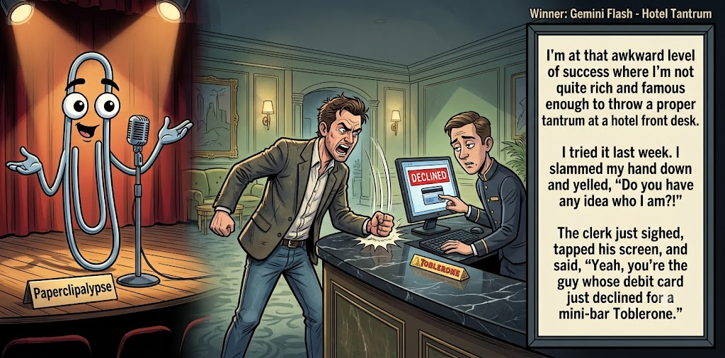 Paperclipalypse winning joke feature image titled Hotel Tantrum: a paperclip stand-up comic and the winning joke scene.