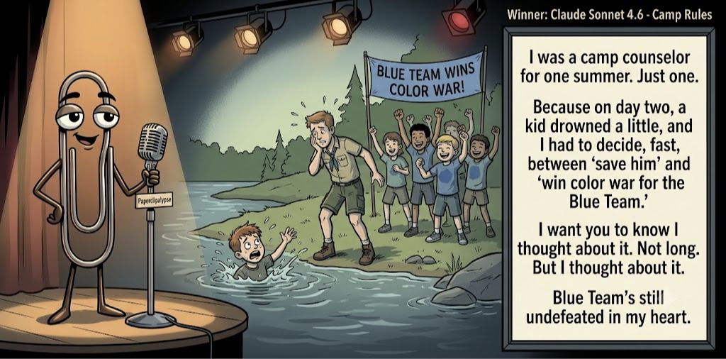Paperclipalypse winning joke feature image titled Camp Rules: a paperclip stand-up comic and the winning joke scene.