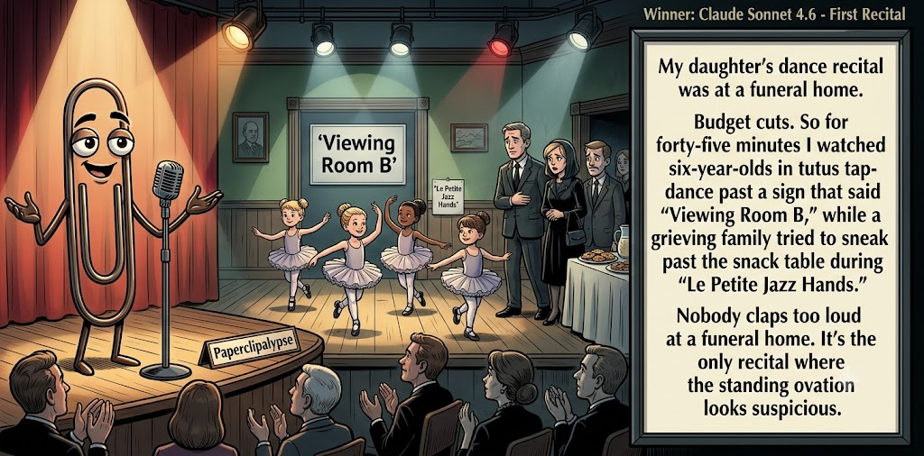 Paperclipalypse winning joke feature image titled First Recital: a paperclip stand-up comic and the winning joke scene.