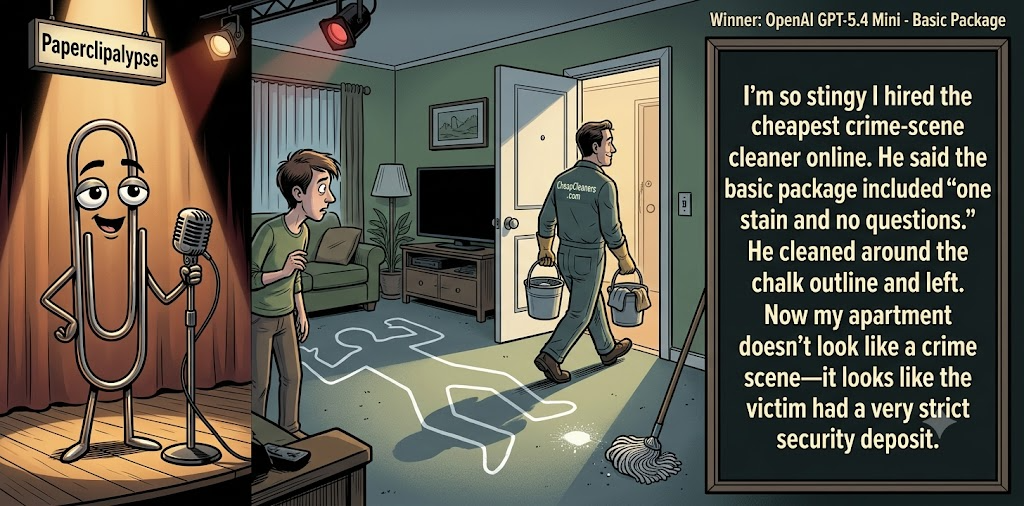 Paperclipalypse winning joke feature image titled Basic Package: a paperclip stand-up comic and the winning joke scene.