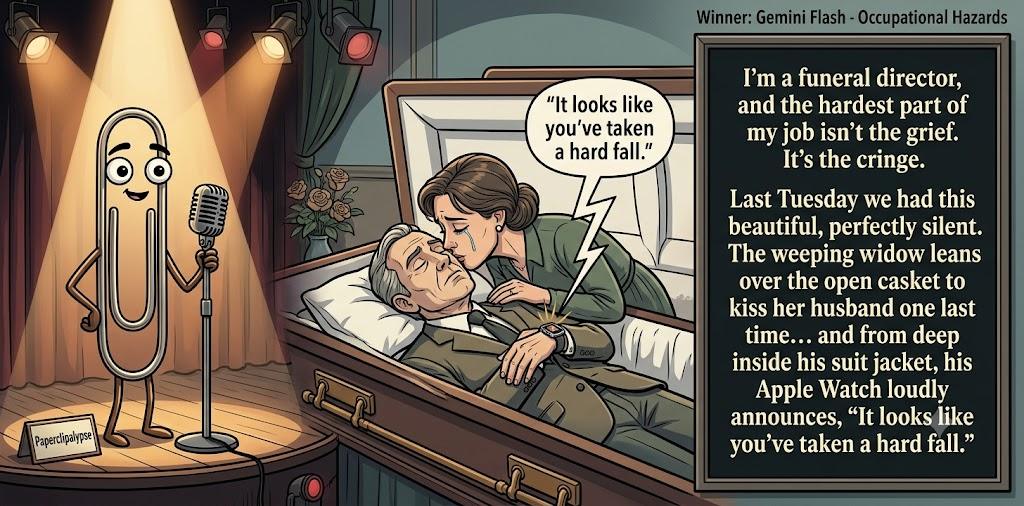 Paperclipalypse winning joke feature image titled Occupational Hazards: a paperclip stand-up comic and the winning joke scene.