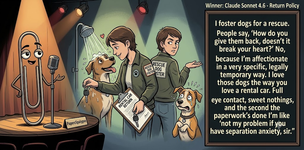 Paperclipalypse winning joke feature image titled Return Policy: a paperclip stand-up comic and the winning joke scene.