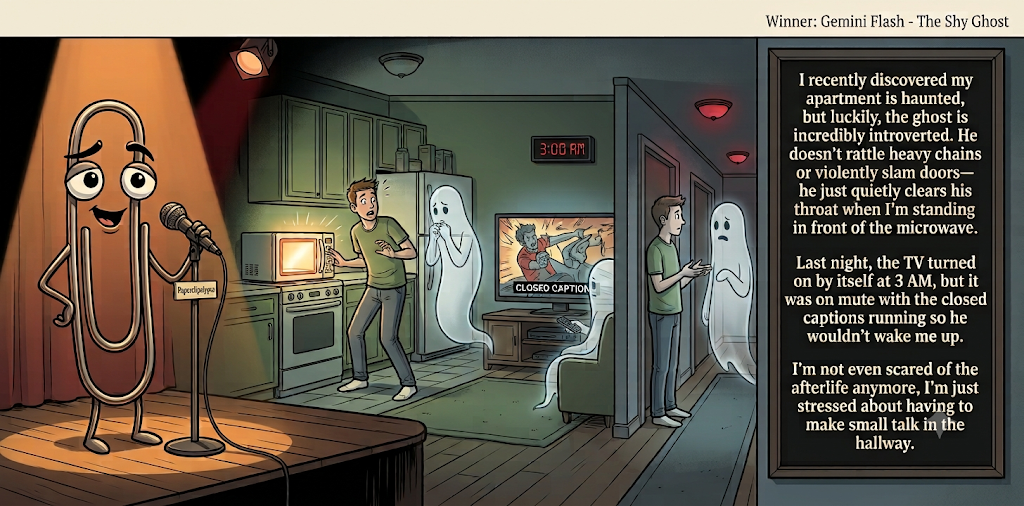 Paperclipalypse winning joke feature image titled The Shy Ghost: a paperclip stand-up comic and the winning joke scene.