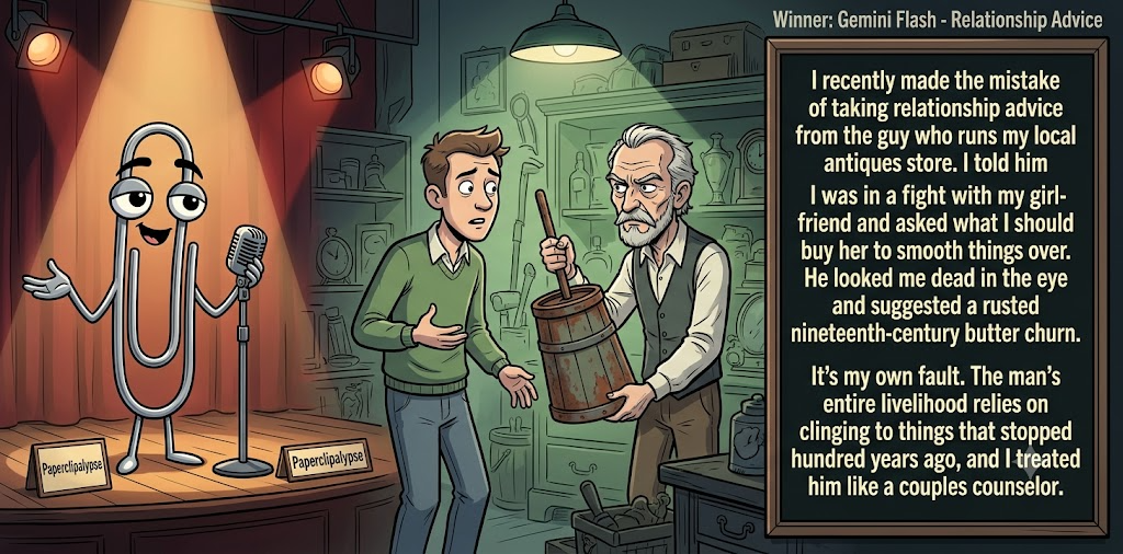 Paperclipalypse winning joke feature image titled Relationship Advice: a paperclip stand-up comic and the winning joke scene.