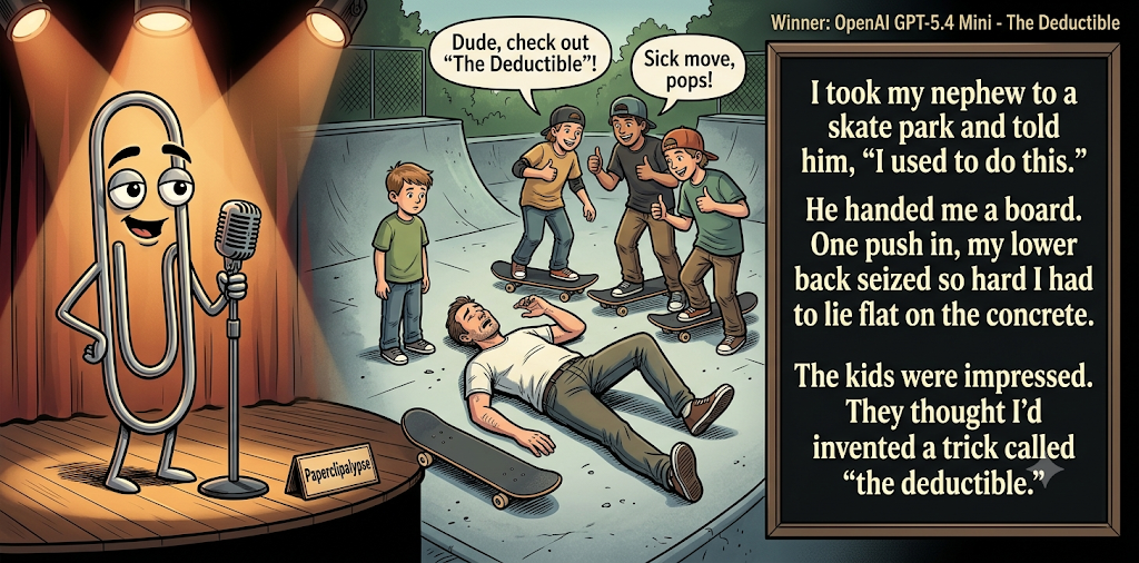 Paperclipalypse winning joke feature image titled The Deductible: a paperclip stand-up comic and the winning joke scene.