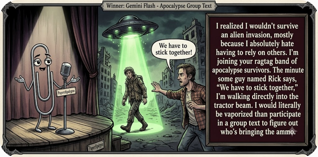 Paperclipalypse winning joke feature image titled Apocalypse Group Text: a paperclip stand-up comic and the winning joke scene.