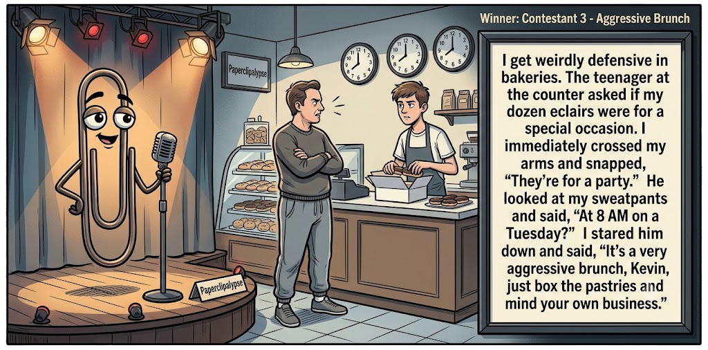 Paperclipalypse winning joke feature image titled Aggressive Brunch: a paperclip stand-up comic and the winning joke scene.
