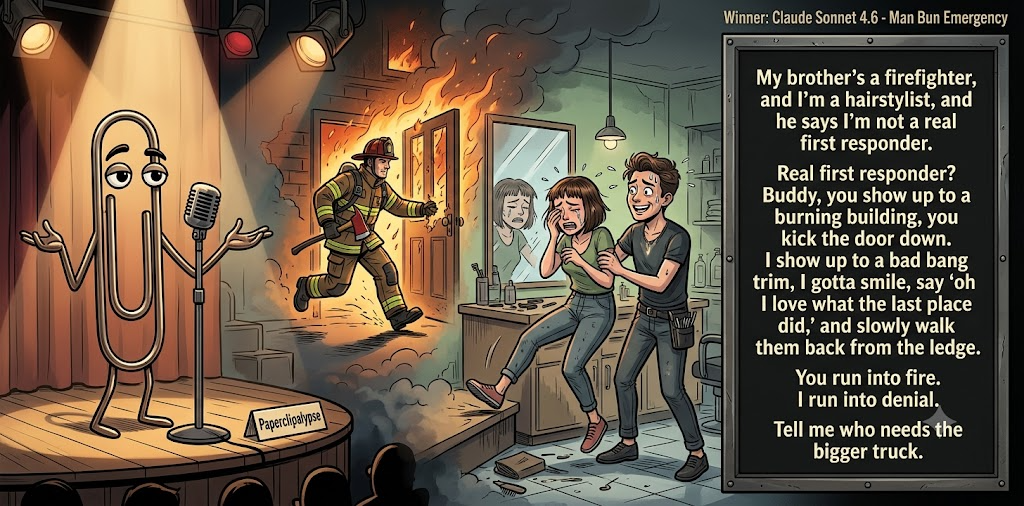 Paperclipalypse winning joke feature image titled Man Bun Emergency: a paperclip stand-up comic and the winning joke scene.