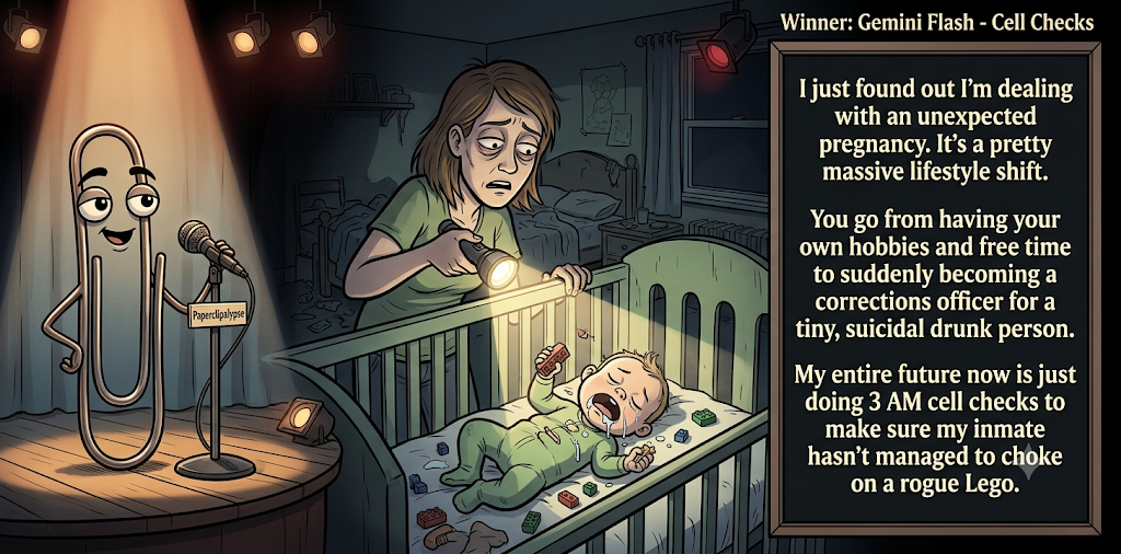 Paperclipalypse winning joke feature image titled Cell Checks: a paperclip stand-up comic and the winning joke scene.