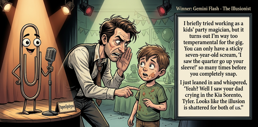 Paperclipalypse winning joke feature image titled The Illusionist: a paperclip stand-up comic and the winning joke scene.