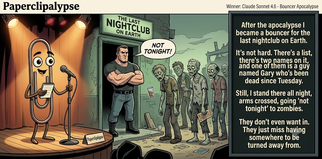 Paperclipalypse winning joke feature image titled Bouncer Apocalypse: a paperclip stand-up comic and the winning joke scene.