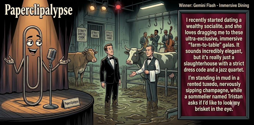 Paperclipalypse winning joke feature image titled Immersive Dining: a paperclip stand-up comic and the winning joke scene.