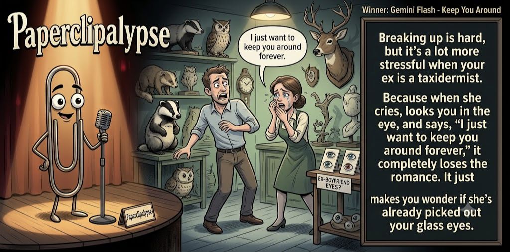 Paperclipalypse winning joke feature image titled Keep You Around: a paperclip stand-up comic and the winning joke scene.