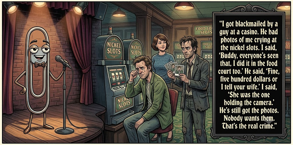 Paperclipalypse winning joke feature image titled High Roller: a paperclip stand-up comic and the winning joke scene.