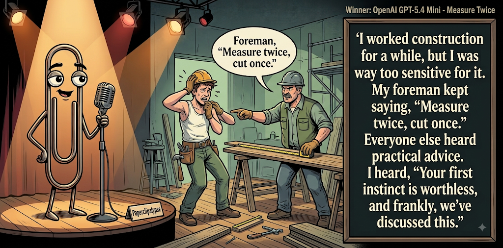 Paperclipalypse winning joke feature image titled Measure Twice: a paperclip stand-up comic and the winning joke scene.