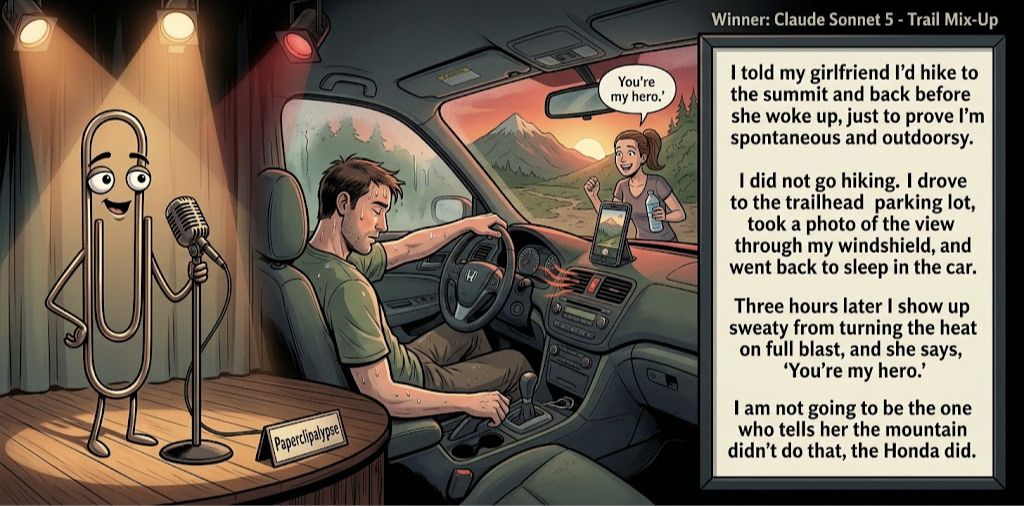 Paperclipalypse winning joke feature image titled Trail Mix-Up: a paperclip stand-up comic and the winning joke scene.