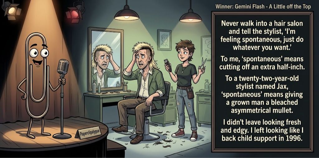 Paperclipalypse winning joke feature image titled A Little off the Top: a paperclip stand-up comic and the winning joke scene.